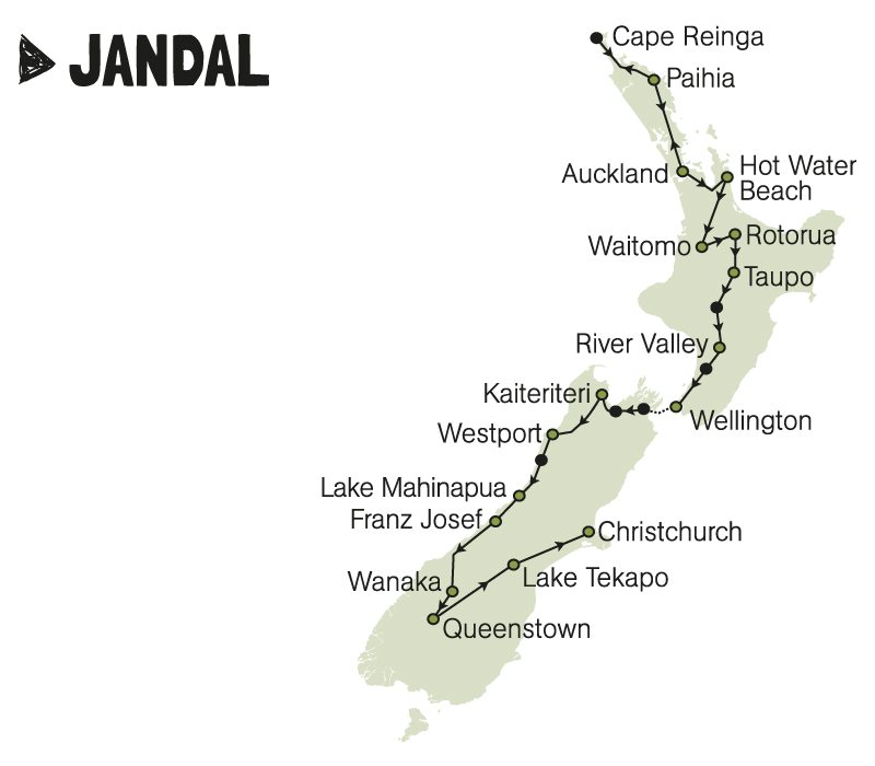 kiwi experience bus pass jandal auckland christchurch new zealand rtw backpackers